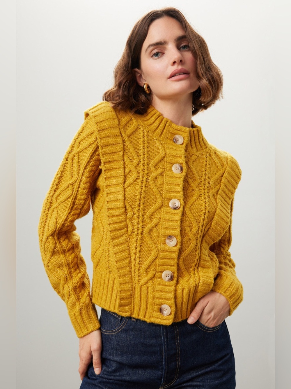 Central Park West Mustard Cable Knit Button-Up Cardigan